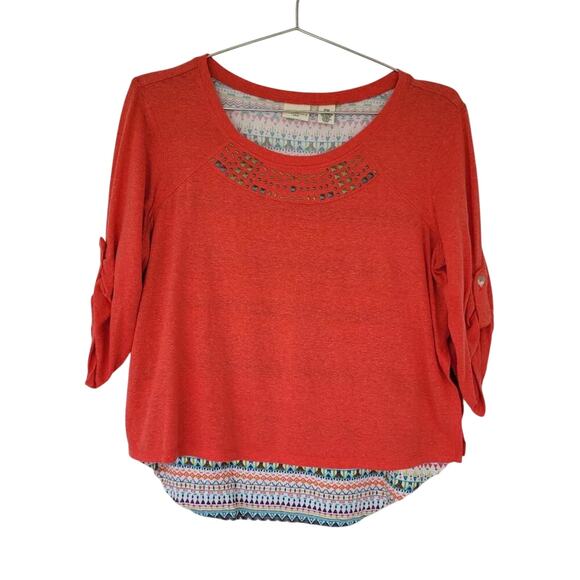 Westbound Cropped Top Orange Coral Layered Aztec Print Womens MP 3/4 Sleeve - Picture 1 of 9